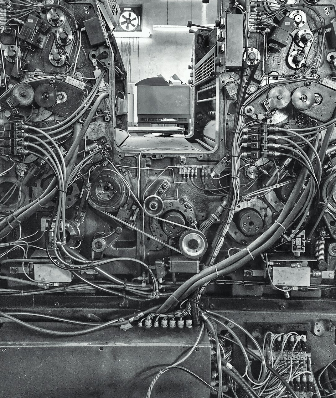 Broadcast equipment rack with cables and routing hardware